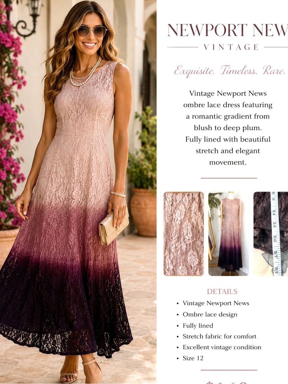 VTG Newport News,Exquisite Descending Ombre,Antique-Lace Dress,Stretch,Size 12 - Picture 1 of 12